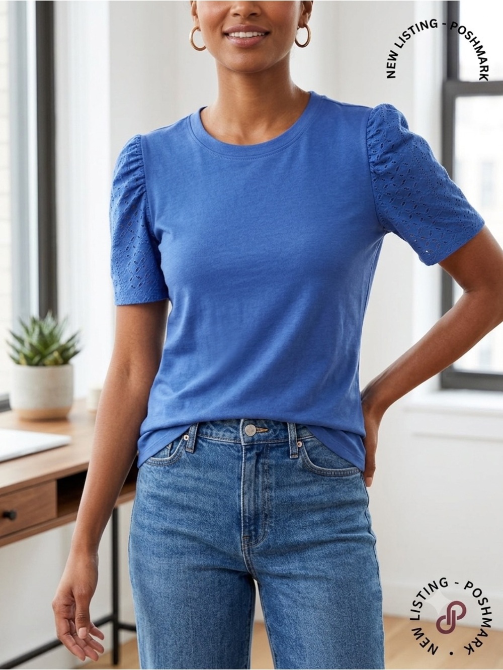 Ivicoer Royal Blue Tshirt Top with Puffy Eyelet Sleeves NWOT